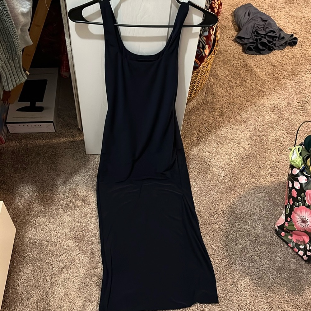 AYM size S Mindi dress in navy blue knee high slit on side tight fitting